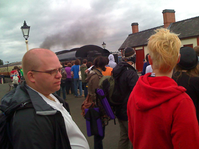 The crowd waiting to get into the carriage for my set at Indietracks.